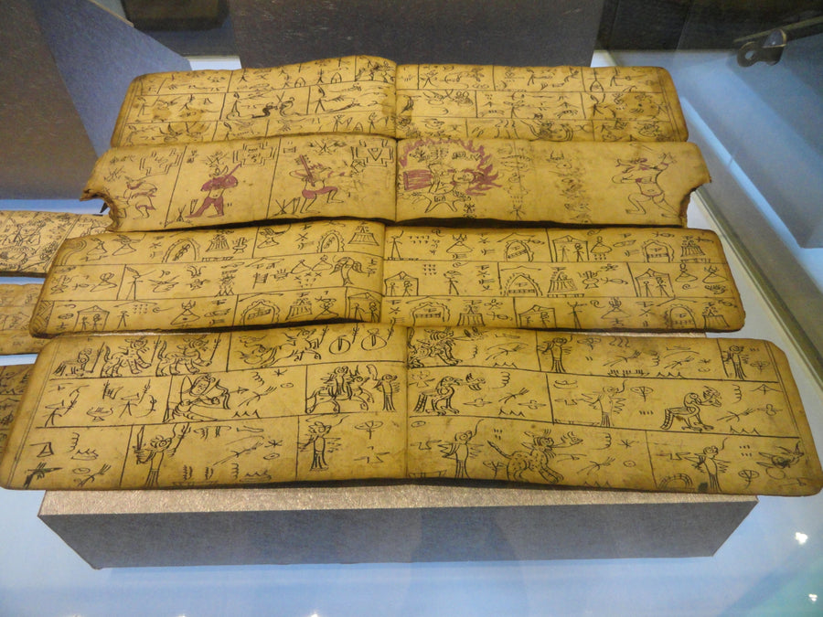 Naxi Dongba pictographic scripture displayed in a Yunnan museum.