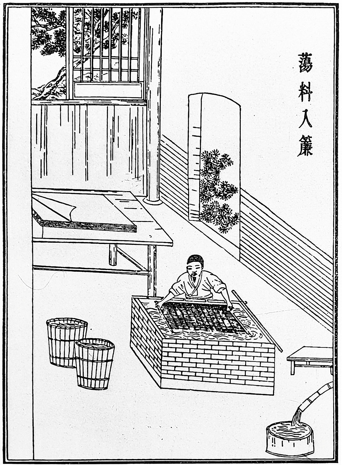 Ming-dynasty woodcut showing a papermaker casting paper pulp in a vat.
