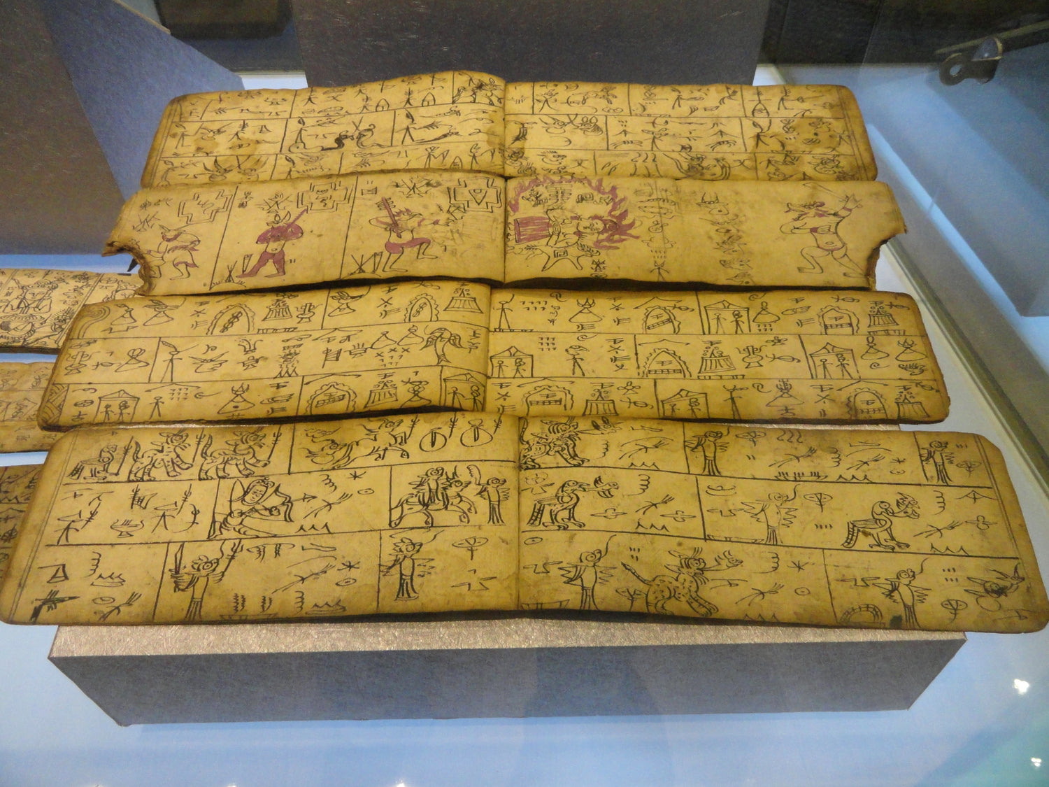 Naxi Dongba pictographic scripture displayed in a Yunnan museum.