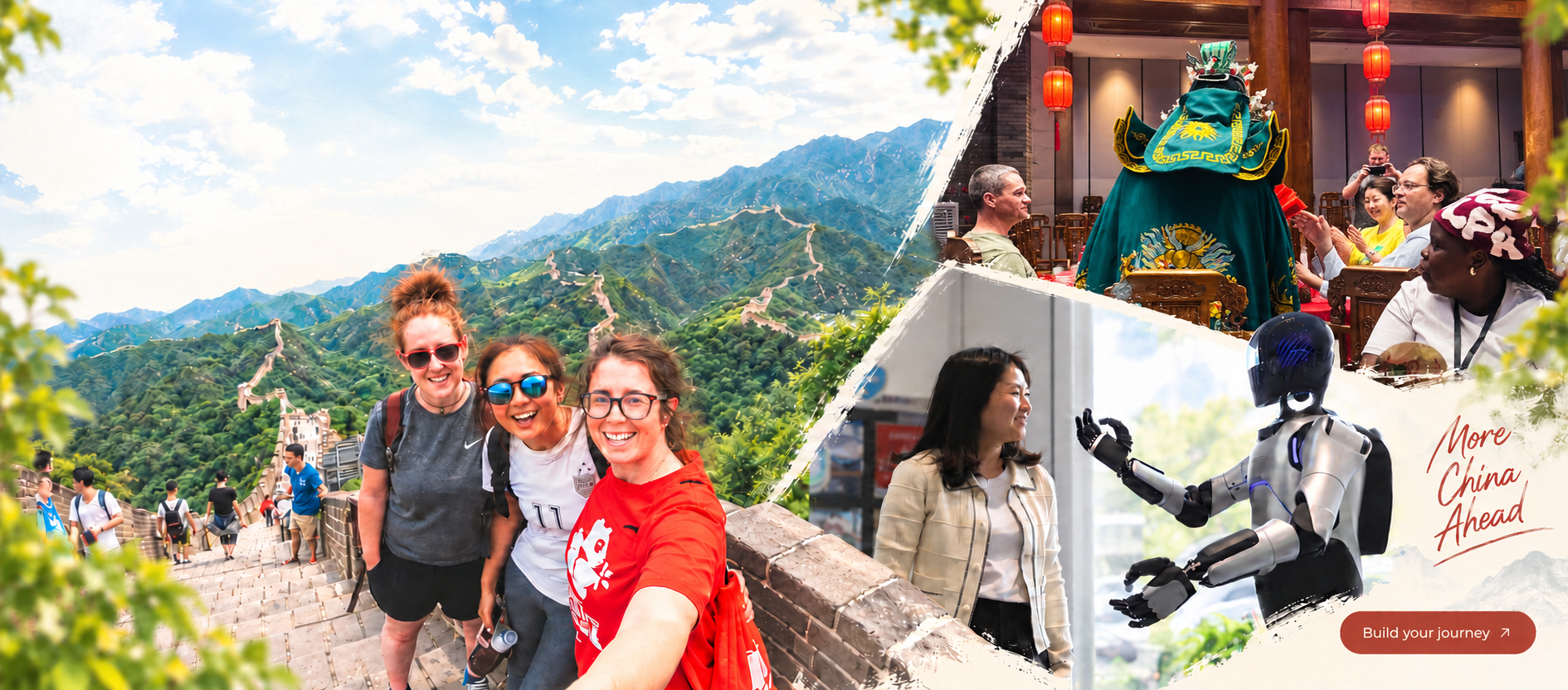 Editorial photographic composite: travellers on the Great Wall, a traditional costumed performer interacting with an audience, and a woman interacting with a humanoid robot.